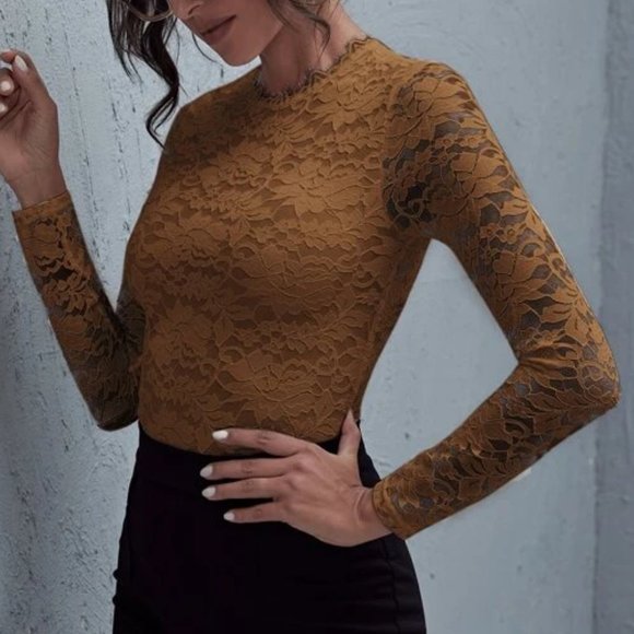 Tops - Brown Lace Long Sleeve Top in L